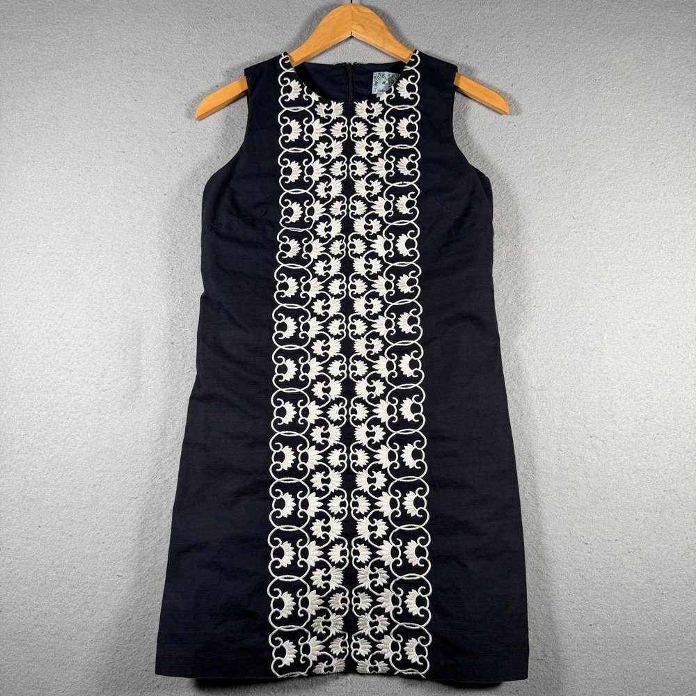 Tabitha Anthropologie Navy Blue Floral Embroidered Cotton Shift Dress Size 2